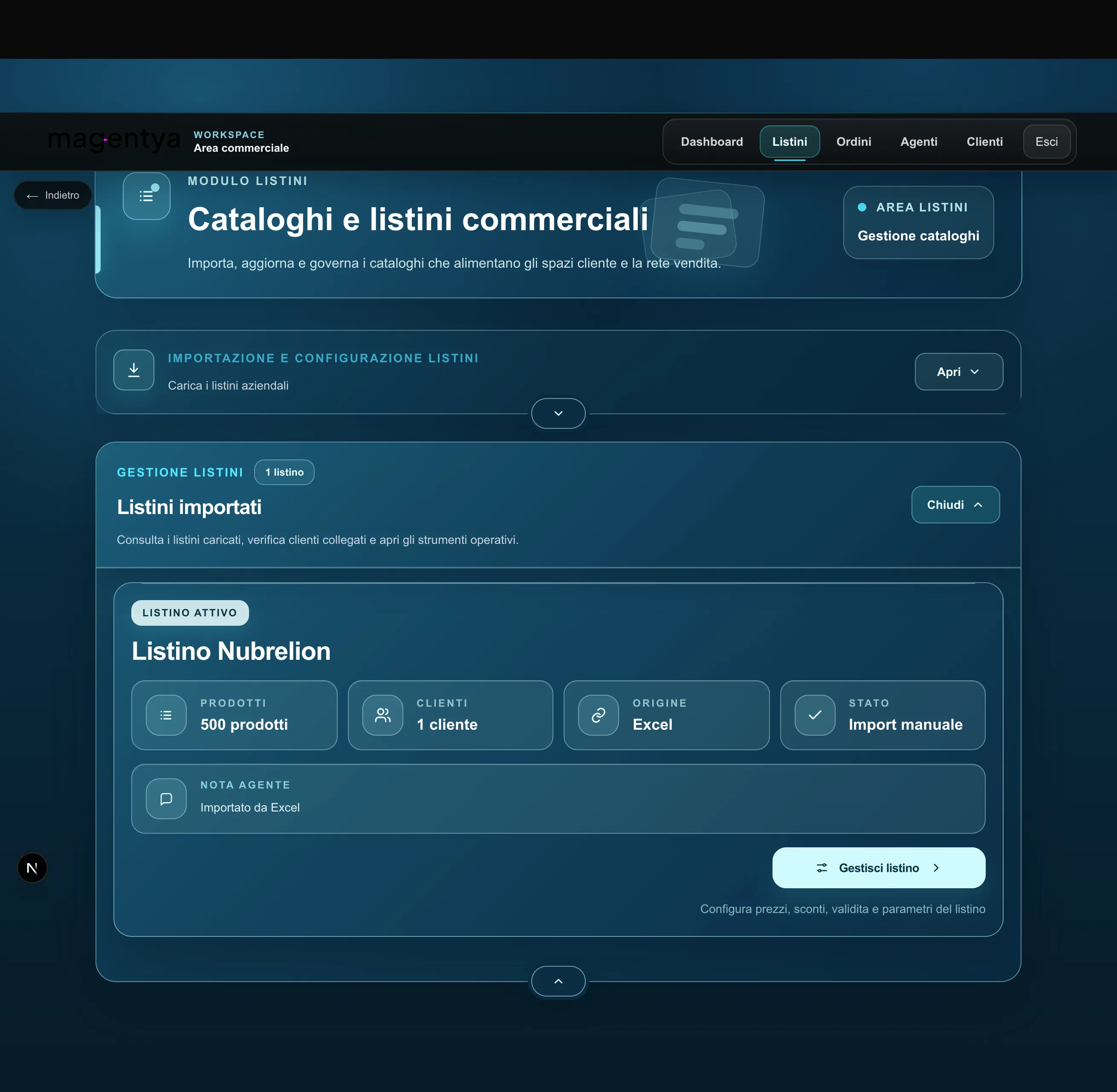 Schermata Business Magentya con cataloghi e listini